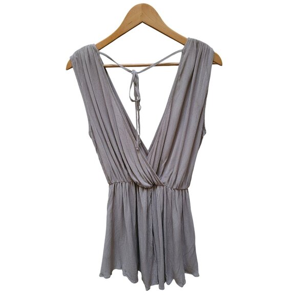 Zenana Grecian Romper In Soft Taupe With Deep V-Neck & Tie Back Detail Womens Si - Picture 2 of 5